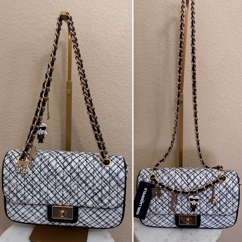 NWT KARL LAGERFELD PARIS Quilted medium White Shoulder Crossbody Bag charm chain